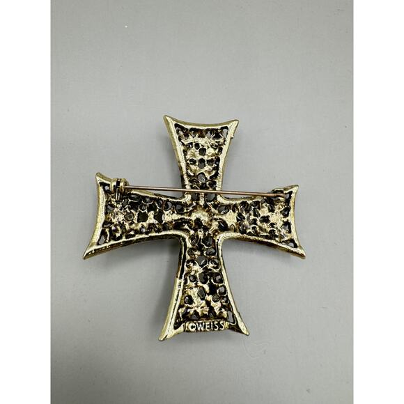 Vintage Weiss Maltese Cross Peridot Green Rhinestone Brooch - Picture 4 of 7